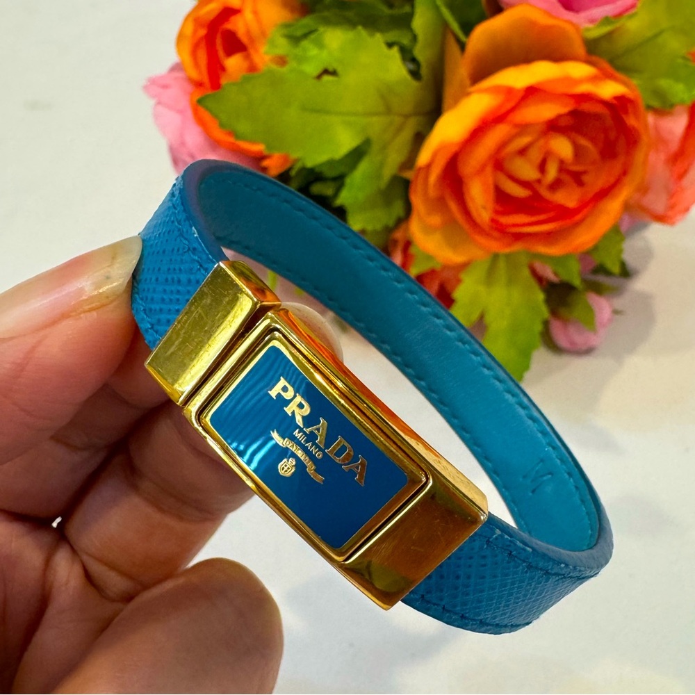 Authentic Prada Blue and Gold Leather Bracelet Size M